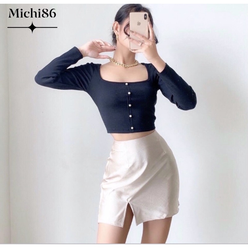 Áo croptop kiểu nữ cổ vuông tay dài gắn nút ngọc Michi , áo thun nữ tay dài