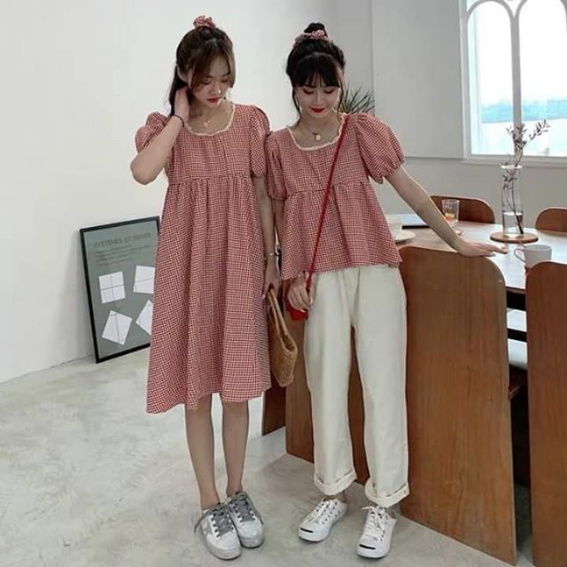 SET ÁO VÁY baby doll kế caro ĐÔI BẠN THÂN