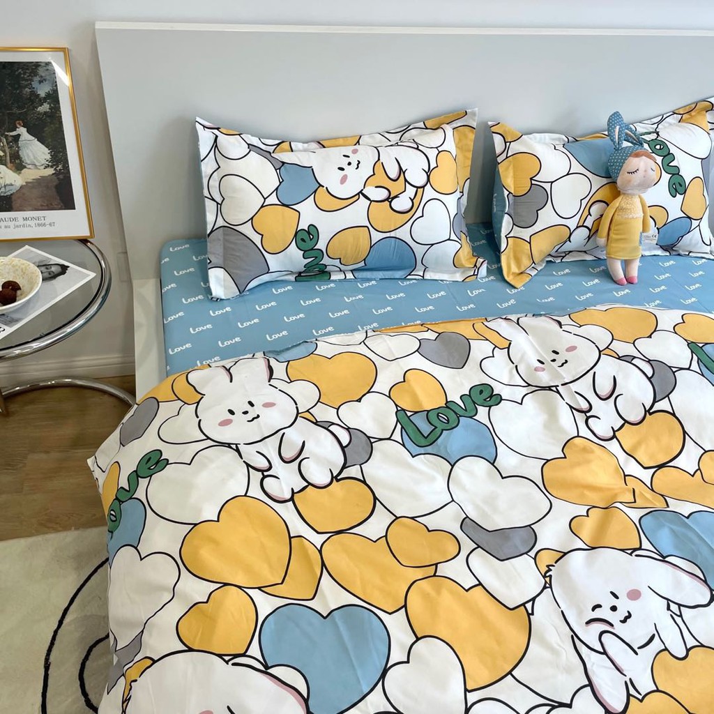 Bộ chăn ga gối phong cách Hàn Quốc - Mèo trái tim ( không kèm ruột )