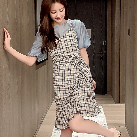 Set Áo Thun Ngắn Tay Và Đầm Yếm Sọc Ca Rô Thời Trang Đáng Yêu Cho Nữ | BigBuy360 - bigbuy360.vn