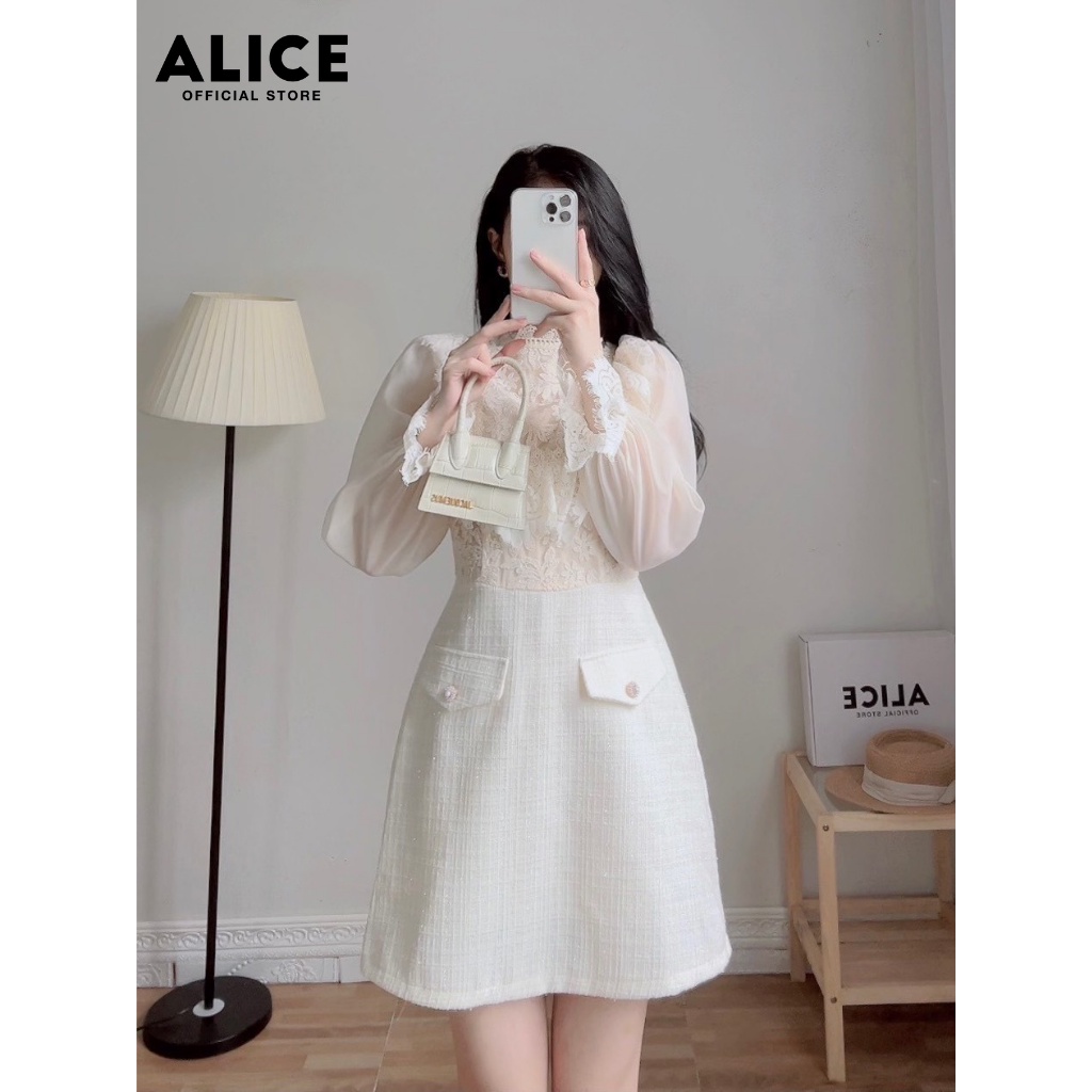 Váy Dạ Tweed Dáng Xòe ALICE Có Lót Quần Chất Vải Dày Dặn Ấm Áp Thiết Kế Dài Tay Cổ Phối Ren Sang Trọng Thanh Lịch V742 | BigBuy360 - bigbuy360.vn
