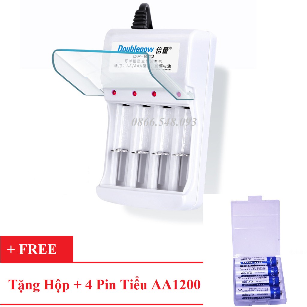 Bộ sạc pin tiểu đa năng 4 cổng Doublepow DP-B02 Tặng 4 pin tiểu AA1200 + Hộp nhựa đựng pin