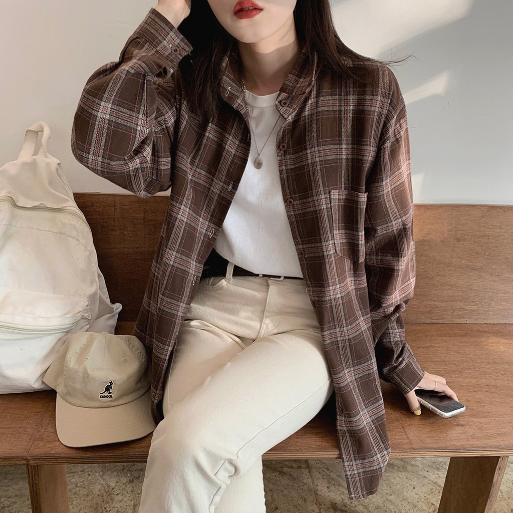 Áo sơ mi họa tiết sọc caro kiểu cổ bé dễ thương cho nữ