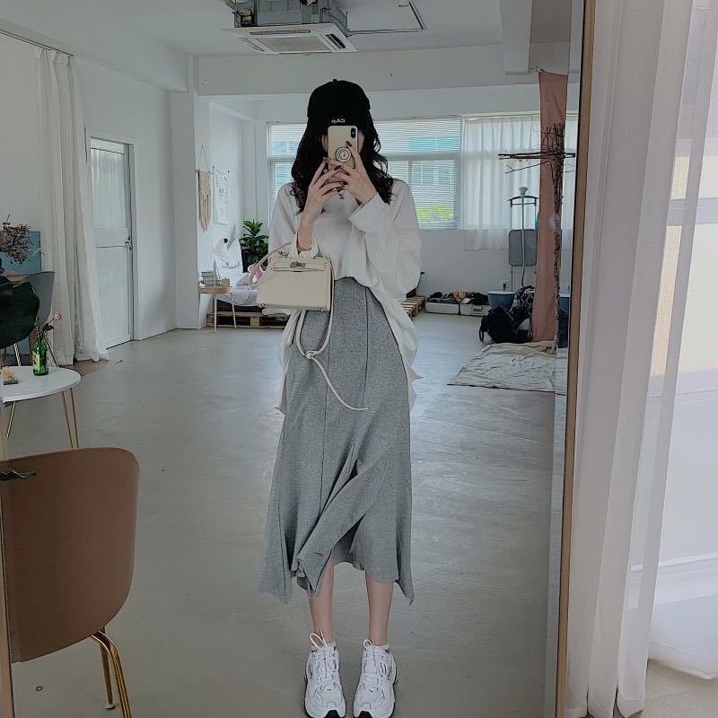 Bộ Áo Thun Dáng Rộng + Chân Váy Đuôi Cá Lưng Cao Xinh Xắn Dành Cho Nữ
