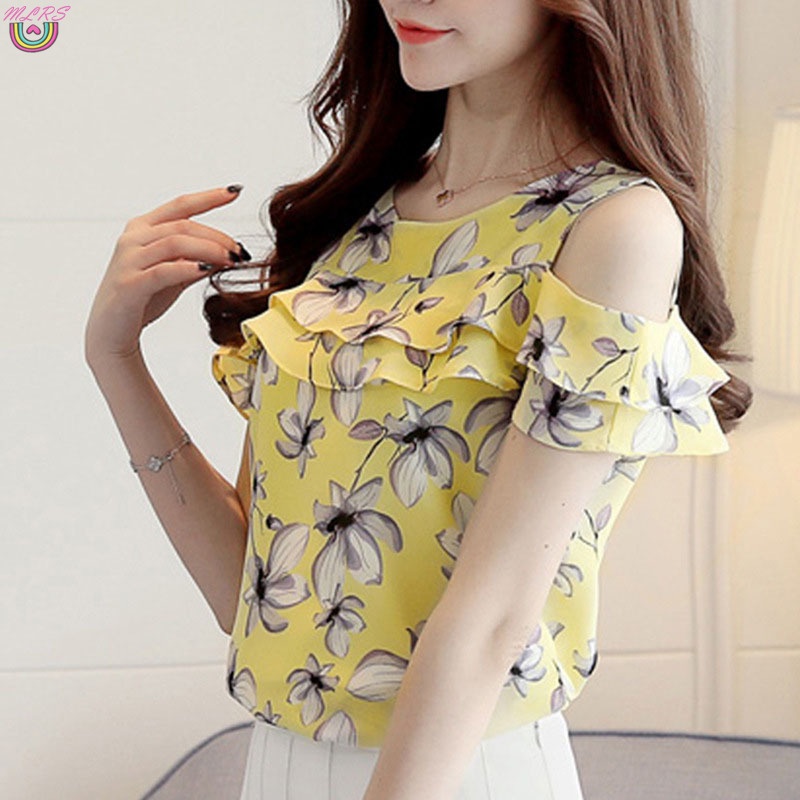 Áo Chiffon Nữ Tay Ngắn Hở Vai In Hoa