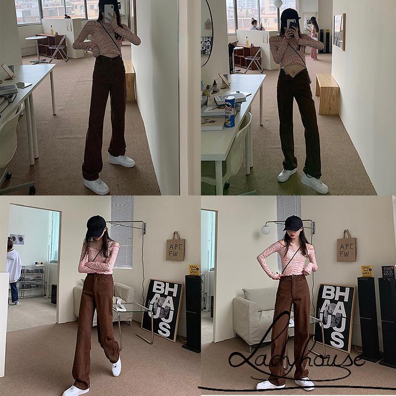 Quần dài nữ ống rộng lưng cao màu sắc vintage thời trang