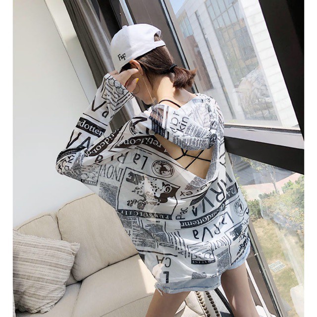 [ORDER] Áo hoodie vải lưới mỏng cut out lưng in hoạ tiết báo