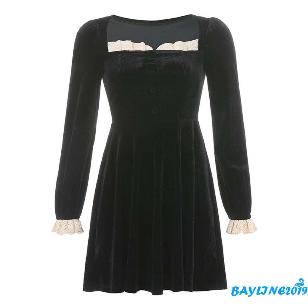 Đầm tay dài cổ vuông dáng chữ A màu đen phối ren thời trang cho nữ