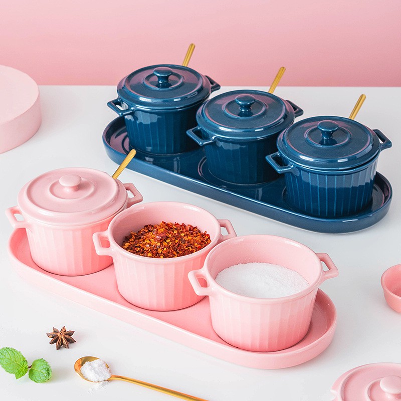 Khay 3 hũ sứ gia vị, đồ ăn dặm, set ăn sáng phong cách Bắc Âu - Bộ hũ đựng gia vSứ cao cấp xuất khẩu, men không cị