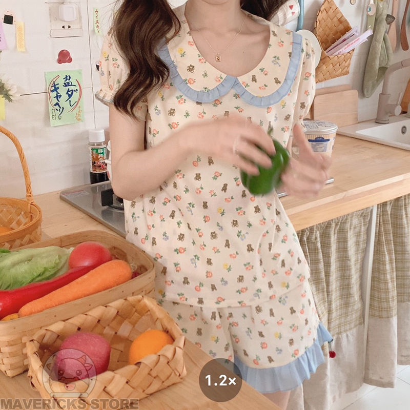 Bộ Đồ Ngủ In Hình Gấu Dễ Thương Phong Cách Hàn Quốc Thời Trang Mùa Hè Cho Nữ