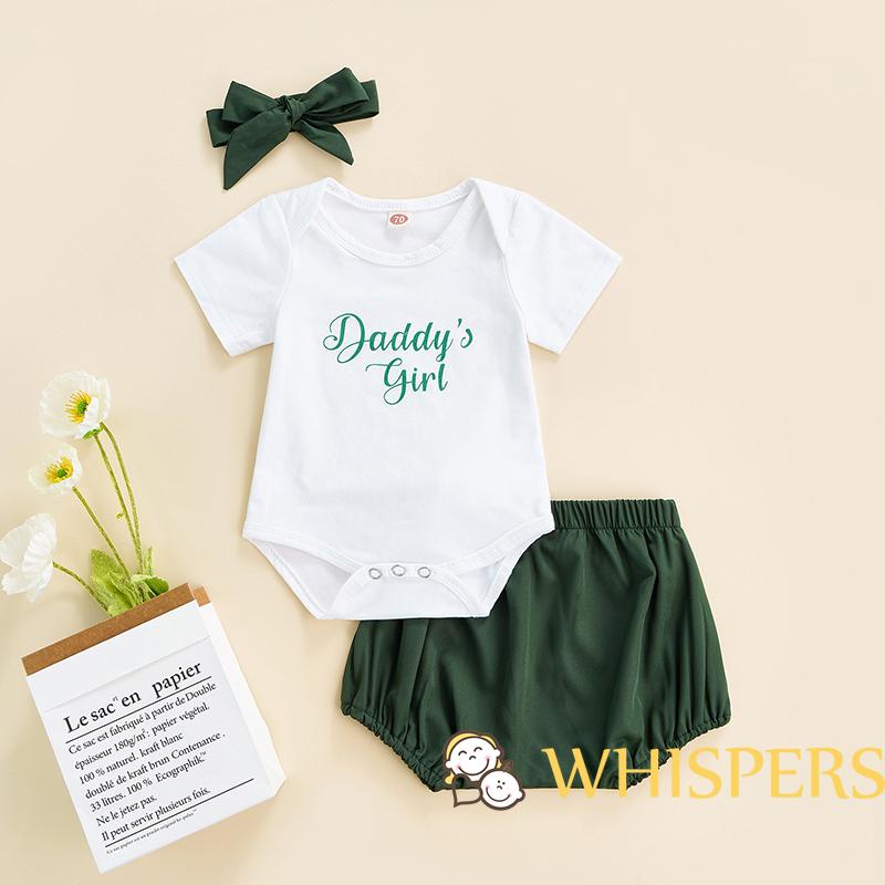 WHISPERS-Baby Girl Sets Short Sleeve Letter Print Romper + Bowknot Elastic Waist Shorts + Headband