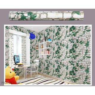 1 mét giây dán tường gạch trắng lá xanh -khổ rộng 45cm có keo sẵn