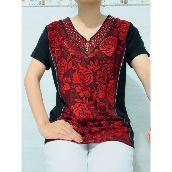 Áo Thun Nữ Trung Niên Tay Ngắn Đính Đá Form To Mặc Gọn Dáng