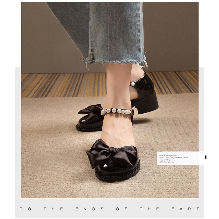 Giày Da Gót Dày Chống Trượt Đính Nơ Ngọc Trai Thời Trang Mùa Xuân 2022 Cho Nữ