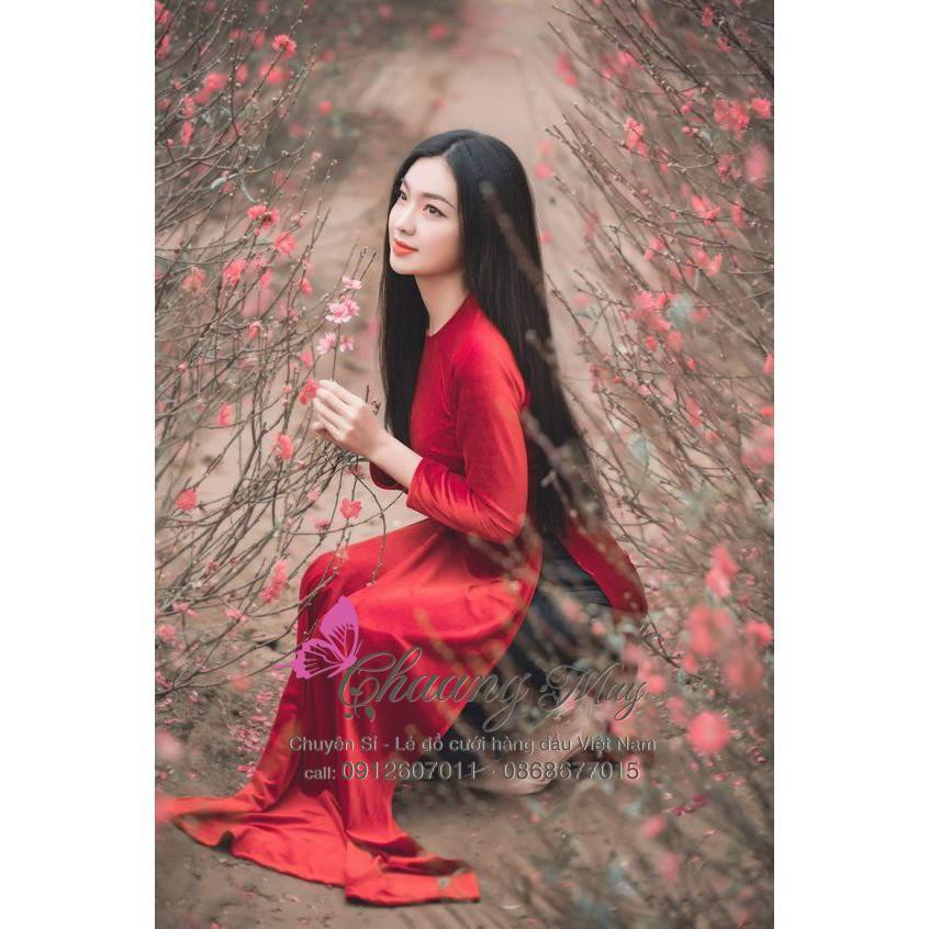 Áo dài nhung cổ tròn_Chaang_May sẵn áo dài đẹp truyền thống, vải đỏ đô tươi cao cấp