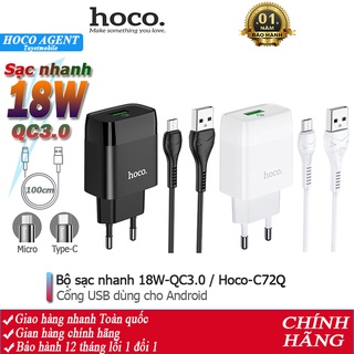 Bộ sạc nhanh hoco c72q cổng usb 18w, qc3.0 đầu micro / type-c android dây cáp dài 1m - chính hãng