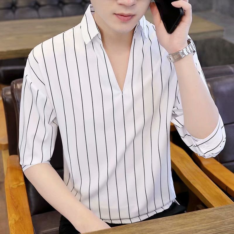 Áo sơ mi tay lửng họa tiết kẻ sọc trắng đen phong cách Hàn Quốc size S-3XL