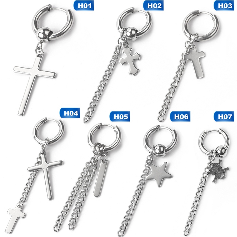 Bông tay dáng dài chất liệu inox hình cây thập giá cá tính dành cho nữ