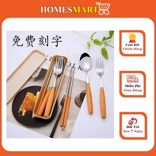 Bộ đũa thìa dĩa inox tay cầm cán gỗ, hộp thìa dĩa văn phòng
