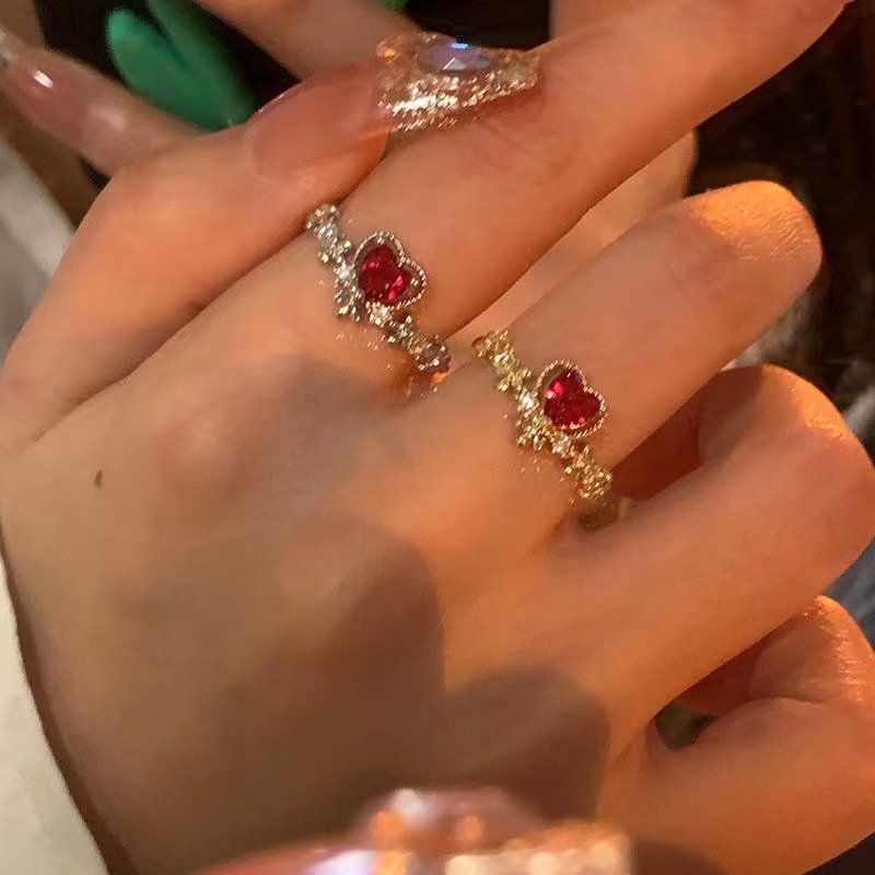 Bộ Nhẫn Hở Đính Đá Zircon Màu Đỏ Có Thể Điều Chỉnh Kích Thước