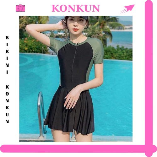 [CÓ SIZE] Đồ bơi nữ áo tắm cộc tay dáng váy có quần trong kín đáo KONKUN MS104