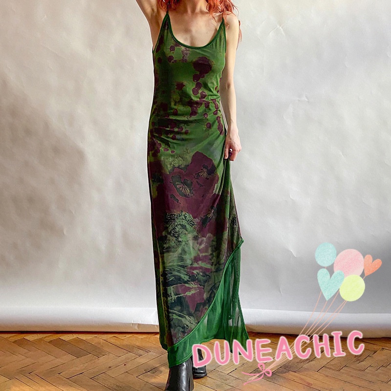 Đầm hai dây DUNEA dáng dài hở lưng in họa tiết thời trang cho nữ
