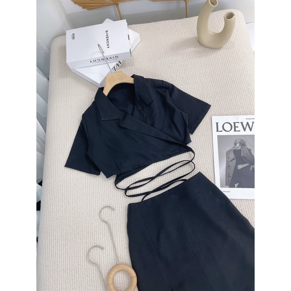 SET ÁO CROPTOP SƠ MI + CHÂN VÁY DÀI XẺ ĐÙI