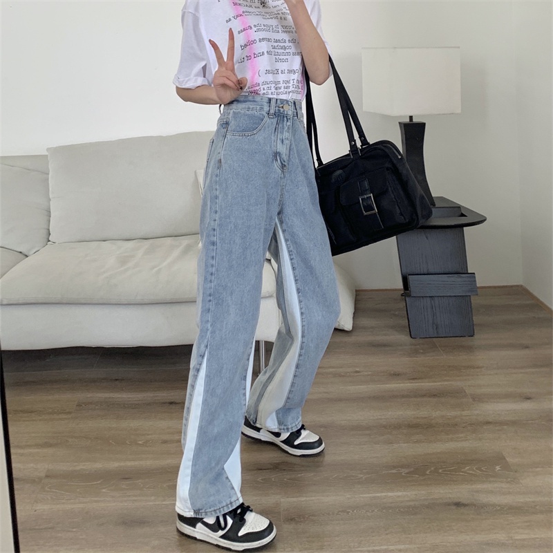 Quần Jean Ống Đứng Thêu Chữ Phối Màu Tương Phản Thời Trang