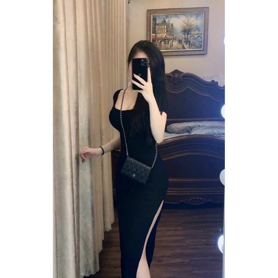 Đầm ôm body cổ vuông có xẻ tà cao 1 bên chất thun gân co giãn tốt, váy ôm body xẻ tà cao tay ngắn nữ[MẪU MỚI] | BigBuy360 - bigbuy360.vn
