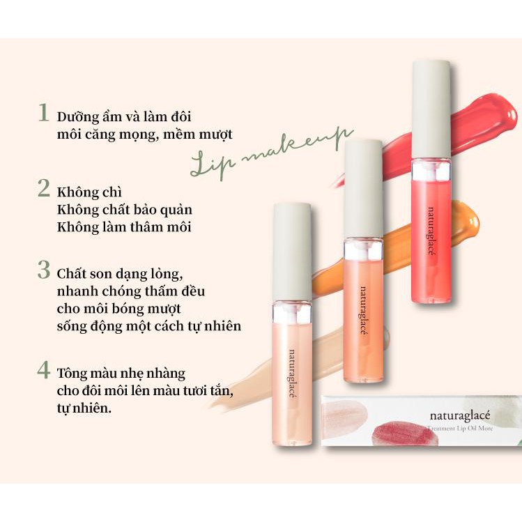 Son môi dưỡng ẩm hữu cơ naturaglacé Treatment Lip Oil mềm mịn môi, có 3 màu tùy chọn, 7.3ml