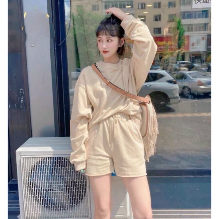 Bộ Nỉ Áo Sweater Kèm Quần Sort  Set Bộ Tay Phồng Form Rộng Dáng Thể Thao Phong Cách Năng Động