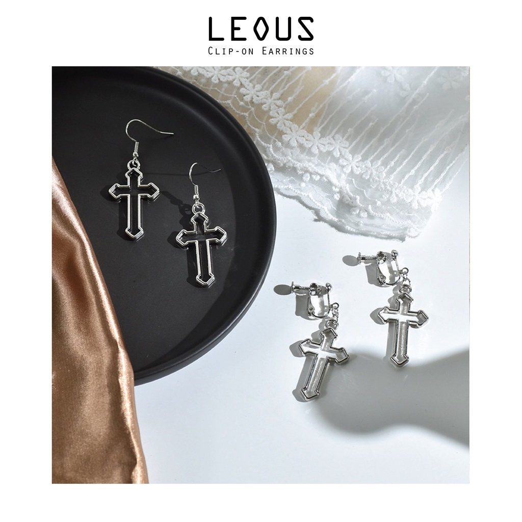 Khuyên tai kẹp không bấm lỗ chốt điều chỉnh K237 bằng hợp kim mạ bạc hình chữ thập dáng midi Leous Accessories