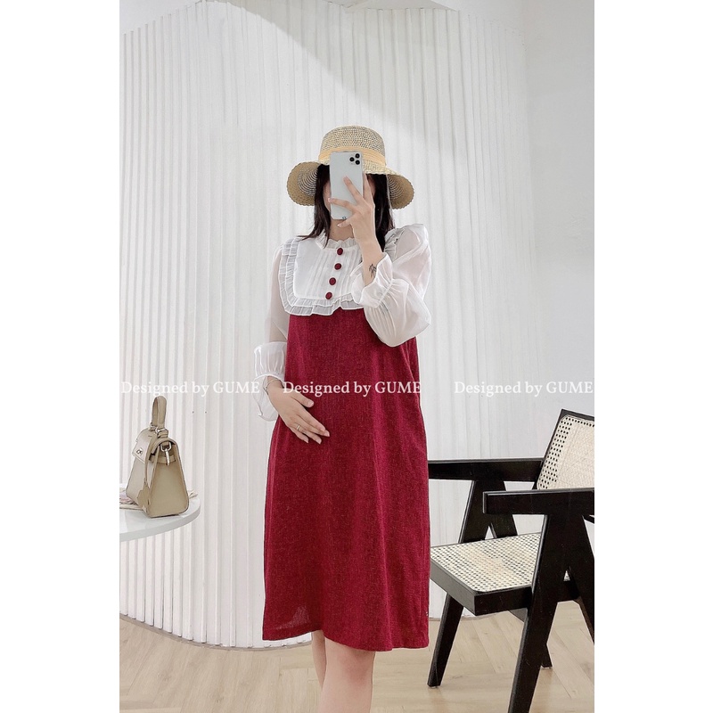 Váy bầu bigsize 40-100kg Vải dạ tăm cao cấp 2 lớp ĐỎ/ĐEN phối organza trắng, cổ bèo đính ngọc MB201)