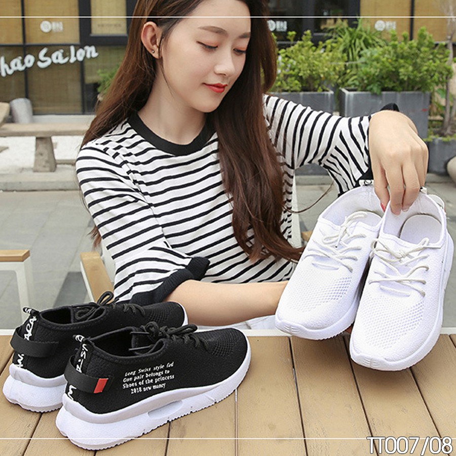 (Lẻ Size 35 SALE 59k) - Giày Thể Thao Nữ Buộc Dây Hàn Quốc Giá Rẻ Màu Trắng 2019 - Chất Vải Sợi Dệt TT007/08 | BigBuy360 - bigbuy360.vn
