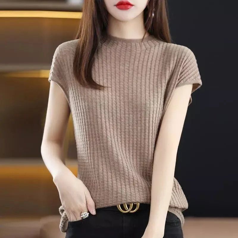Áo Thun Lụa Dệt Kim Mỏng Tay Ngắn Cổ Cao Dáng Rộng Thời Trang Mùa Hè Cho Nữ