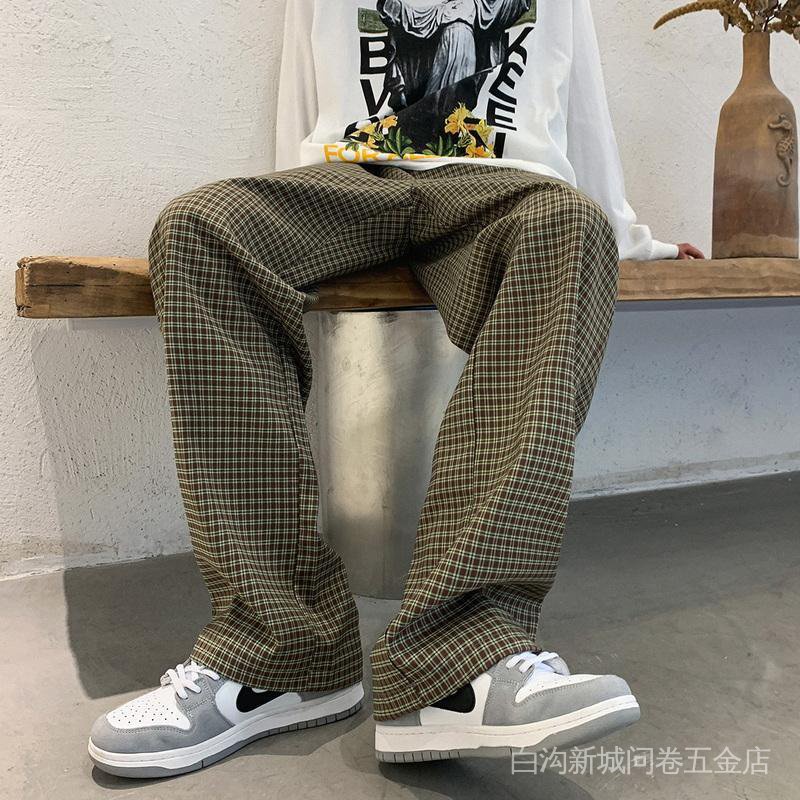 American-style oversize pants high street ins fashionable pendant straight chic retro plaid pants men's wide leg mop pants
