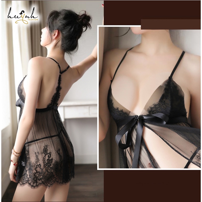Váy Ngủ Ren Xuyên Thấu Xẻ Tà Trước Phối Nơ Sexy Gợi Cảm - N38