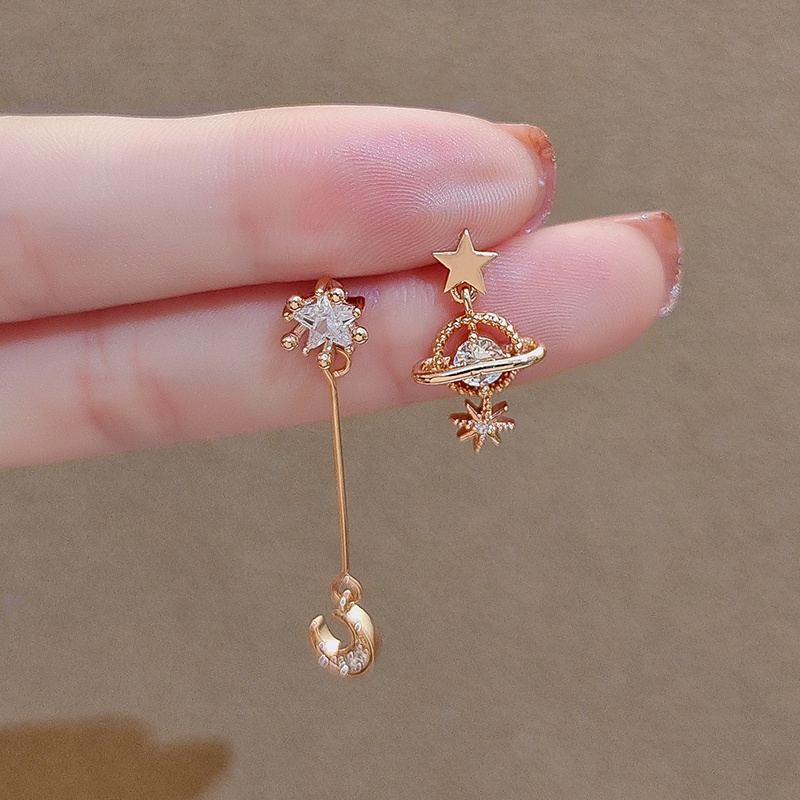 Khuyên tai JIUDUOLAN mạ vàng 18K thiết kế mặt trăng ngôi sao bất đối xứng đính đá zircon thời trang dành cho nữ