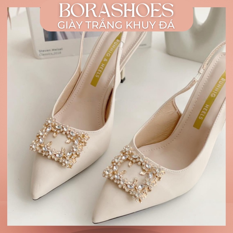 Giày cao gót nữ trắng khuy đá cao cấp BORASHOES