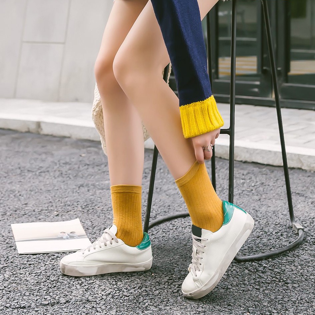 Tất Cotton Cổ Lửng Màu Trơn Thoáng Khí Thời Trang Xuân Đông Dành Cho Nữ