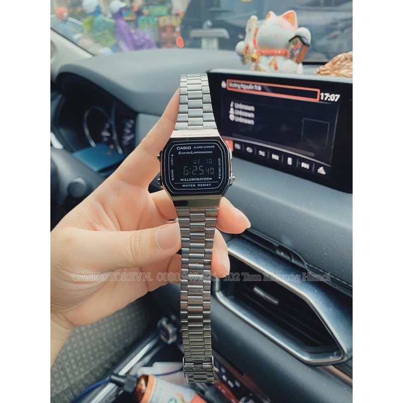 Đồng hồ Nam Casio A168WGG-1A, đồng hồ chính hãng, dây xám, mặt đen, màn hình trắng