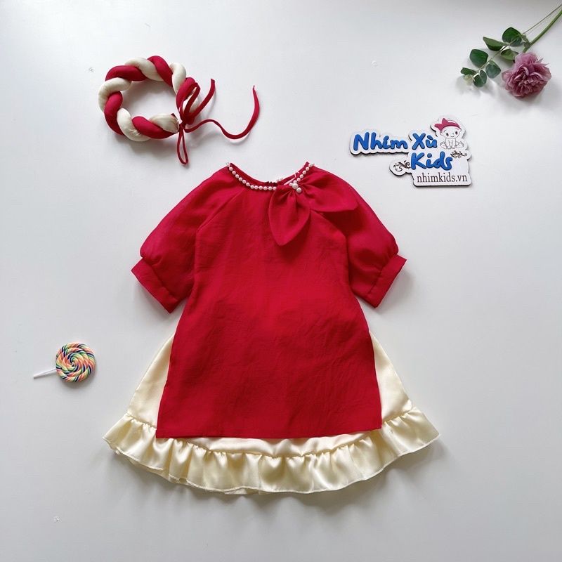 Áo Dài Cách Tân Nơ Đỏ 𝐍𝐇𝐈́𝐌 𝐗𝐔̀ 𝐊𝐈𝐃𝐒 Cho Bé Gái 1 Tuổi Đến 8 Tuổi Chất Lụa Nến Lót Lụa Habutai AD114