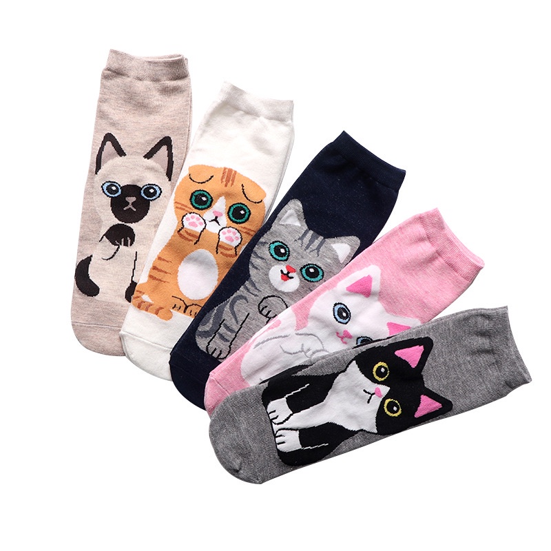 Vớ Cotton Cổ Thấp Chống Trượt Thoáng Khí In Hình Mèo Hoạt Hình Phong Cách Hàn Quốc Cho Nữ