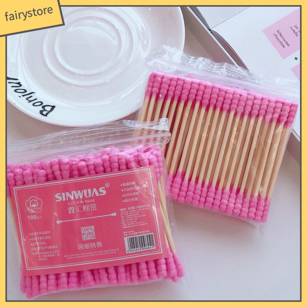 Bộ 100 tăm bông tẩy trang thiết kế 2 đầu màu hồng