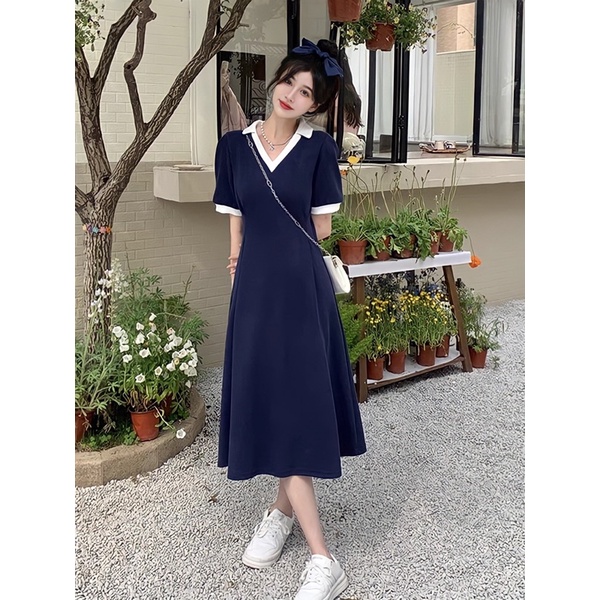 Đầm Polo Cổ V Dáng Dài Cộc Tay MEI YING OFFICIAL. Váy Công Sở Cổ Đức Dáng Dài Thiết Kế Chiết Eo Hàng Quảng Châu