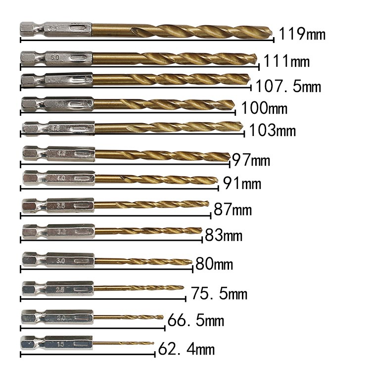Bộ 13 mũi khoan thép HSS Titanium Chuôi Lục Giác Dễ Dàng Thay Đổi Kích Thước 1,5 - 6.5mm