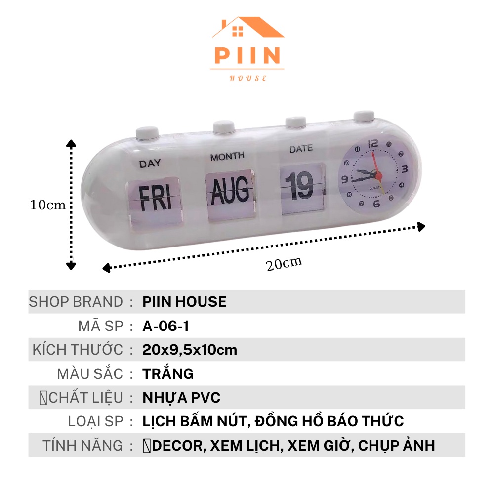 Đồng Hồ Decor Báo Thức Kèm Lịch Bấm Nút Cute Màu Trắng Cao Cấp 2023 - PIIN HOUSE