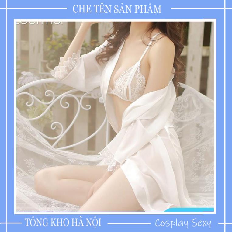 Áo Choàng Ngủ Kèm Set Bikini Cao Cấp, Set Đồ Ngủ Sexy Xuyên Thấu Gồm Áo Choàng + ĐỒ Lót Mã ACBI001, Màu đen,trắng TKVN | BigBuy360 - bigbuy360.vn