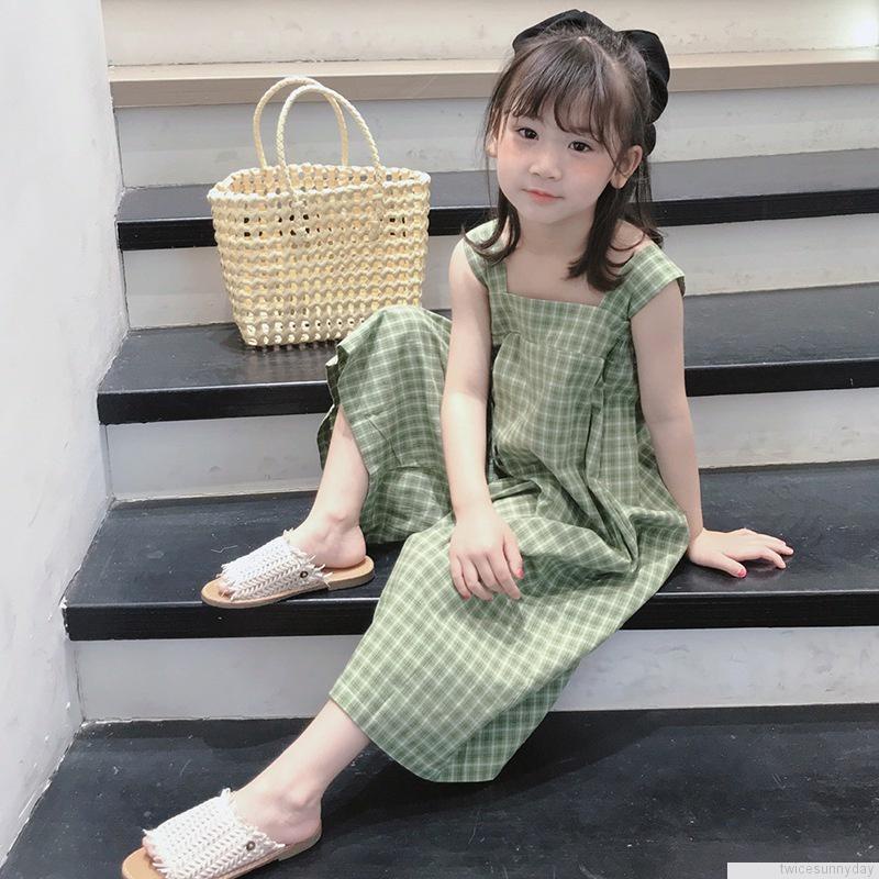 Bộ áo liền quần mùa hè in họa tiết caro phong cách Hàn Quốc dễ thương cho bé gái