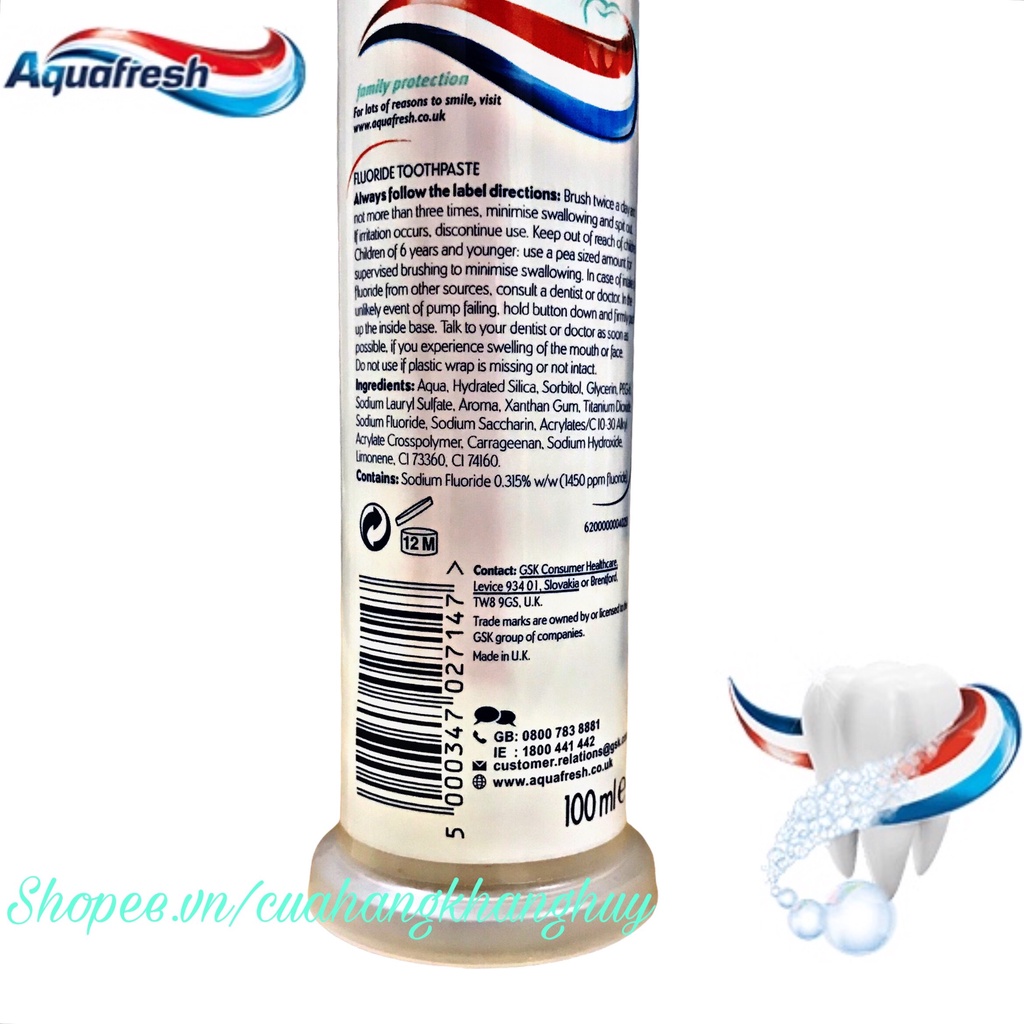 Kem đánh răng Aquafresh fresh &amp; mint dạng ống 100 ml (UK)